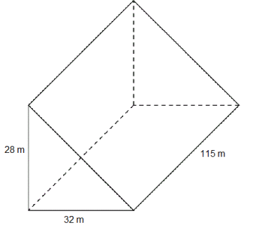 Trekantet prisme. Gruunlinja i trekanten er på 32 m, mens høyden er 28 m. Lengden av prismet er 115 m